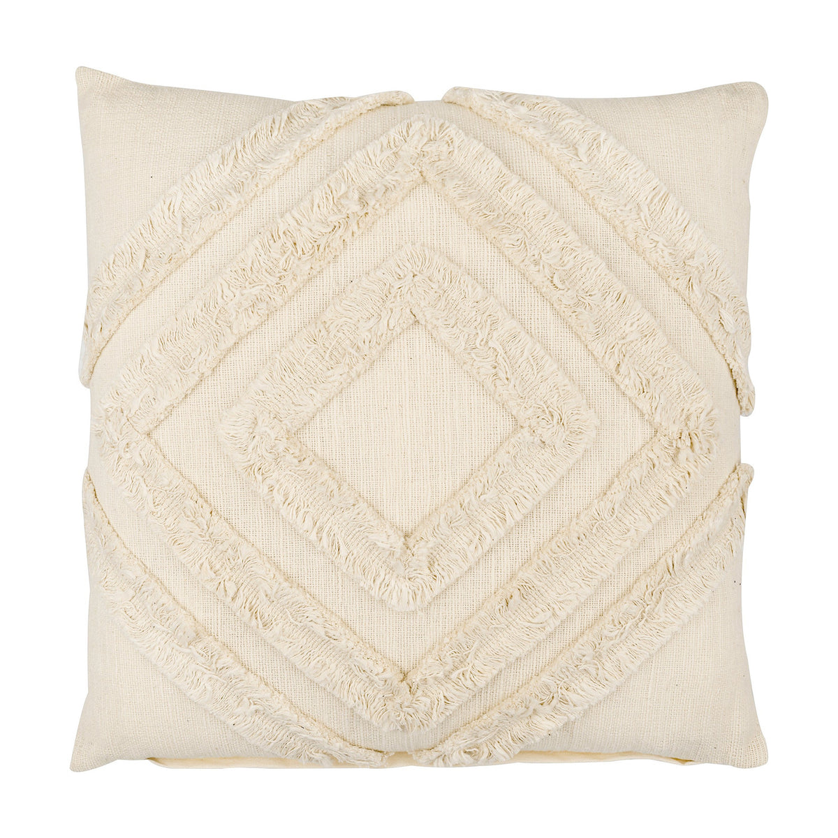 Chevery Cushion in cream, square cotton cover with a tufted, fringed nested-diamond pattern, shown on a plain white background.