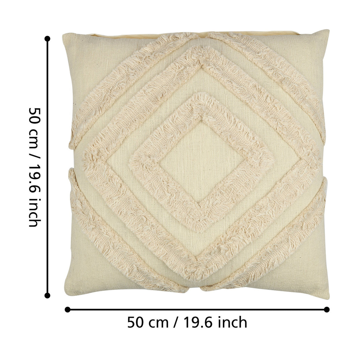 Chevery square cream cushion in 100% cotton with tufted nested diamond pattern and fringed edges, shown with 50cm x 50cm size measurements on a white background.