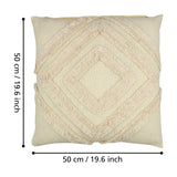 Chevery square cream cushion in 100% cotton with tufted nested diamond pattern and fringed edges, shown with 50cm x 50cm size measurements on a white background.