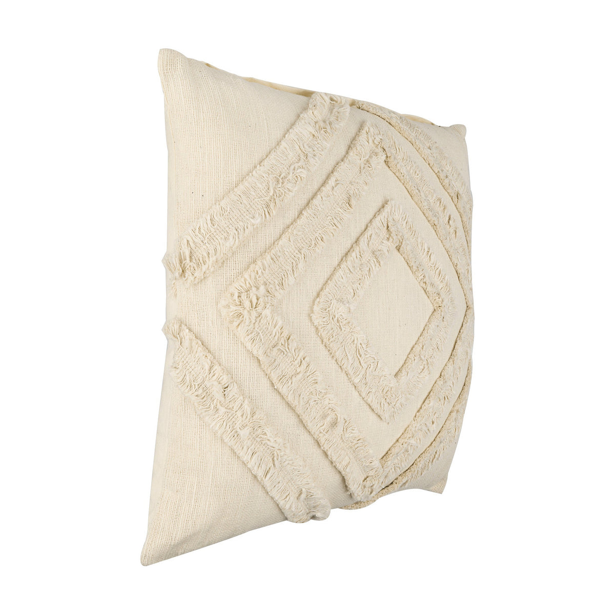 Chevery Cushion in cream, square cotton cover with tufted fringed diamond pattern radiating from the centre, shown at an angle on a plain white background.