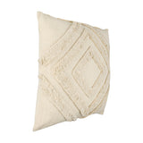Chevery Cushion in cream, square cotton cover with tufted fringed diamond pattern radiating from the centre, shown at an angle on a plain white background.