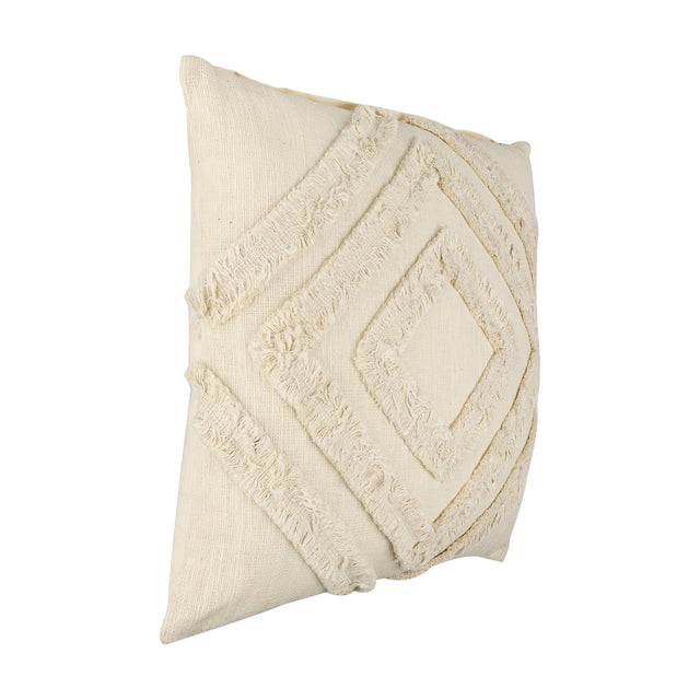 Chevery Cushion in cream, square cotton cover with tufted fringed diamond pattern radiating from the centre, shown at an angle on a plain white background.