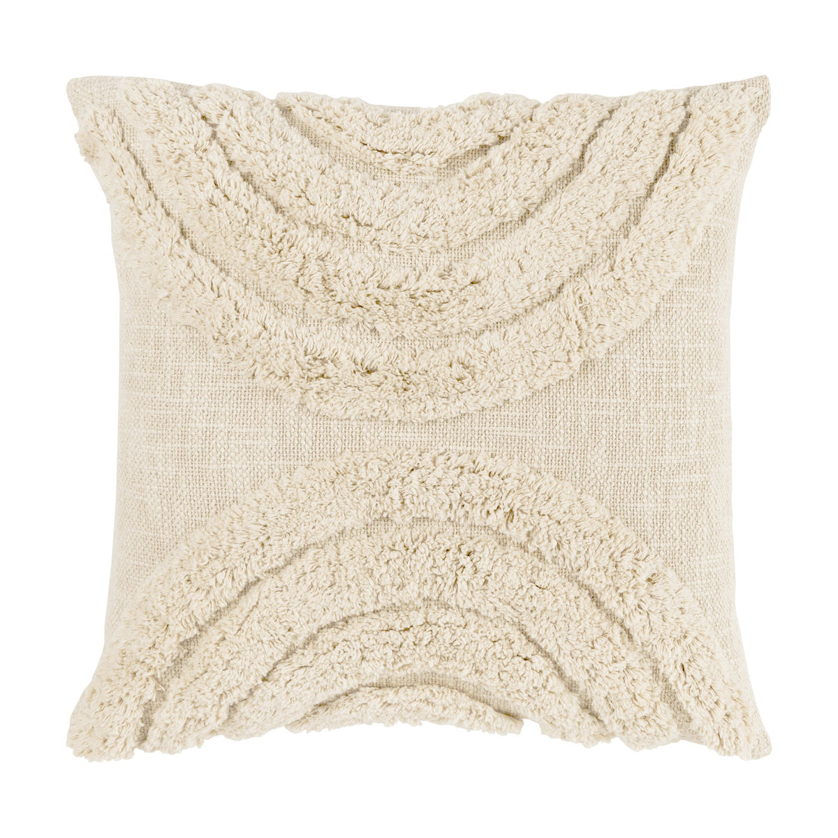 Chevery Cushion in natural cream cotton, square shape with tufted mirrored arcs curving from the top and bottom edges around a plain woven centre band, shown on a white background.