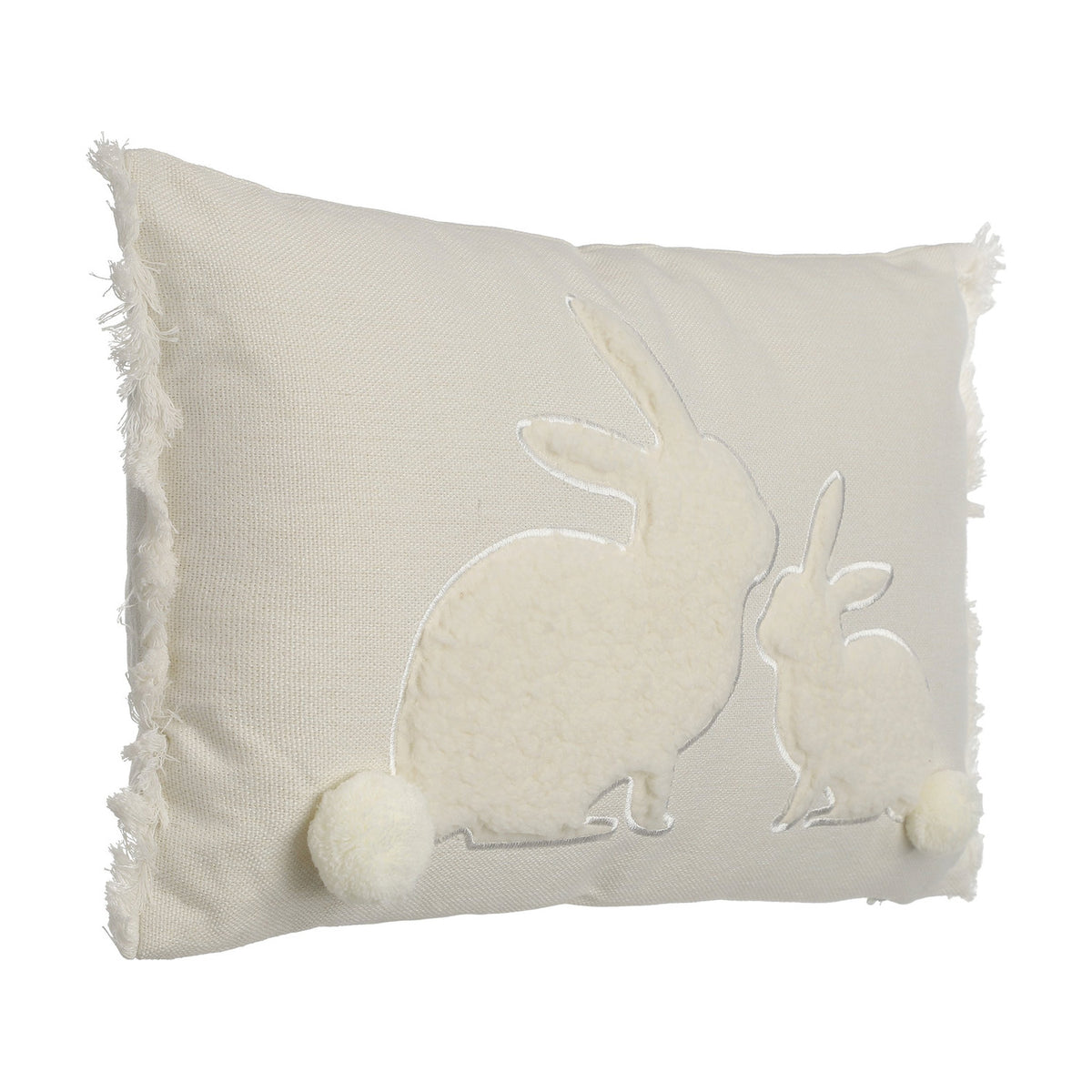 Chevery rectangular cushion in natural and white woven cotton with two sherpa fleece rabbit appliqués, pompom tails, and fringed edges, shown on a plain white background.