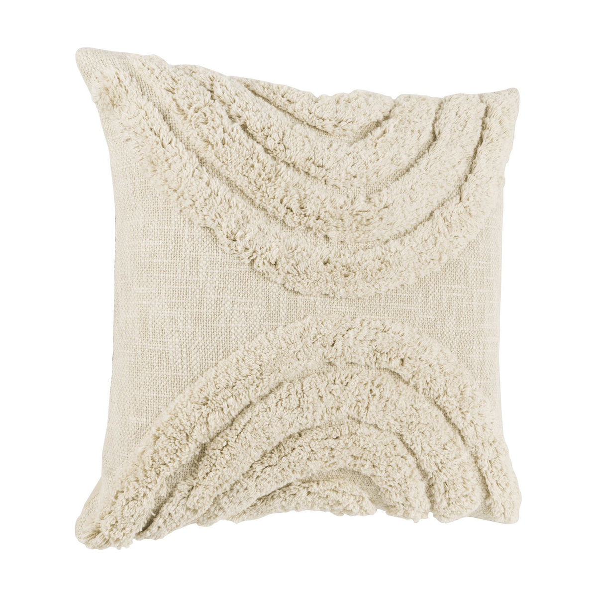 Chevery Cushion in natural cream cotton with a square shape, featuring tufted arc patterns mirrored top and bottom around a plain woven centre band, shown on a white background.