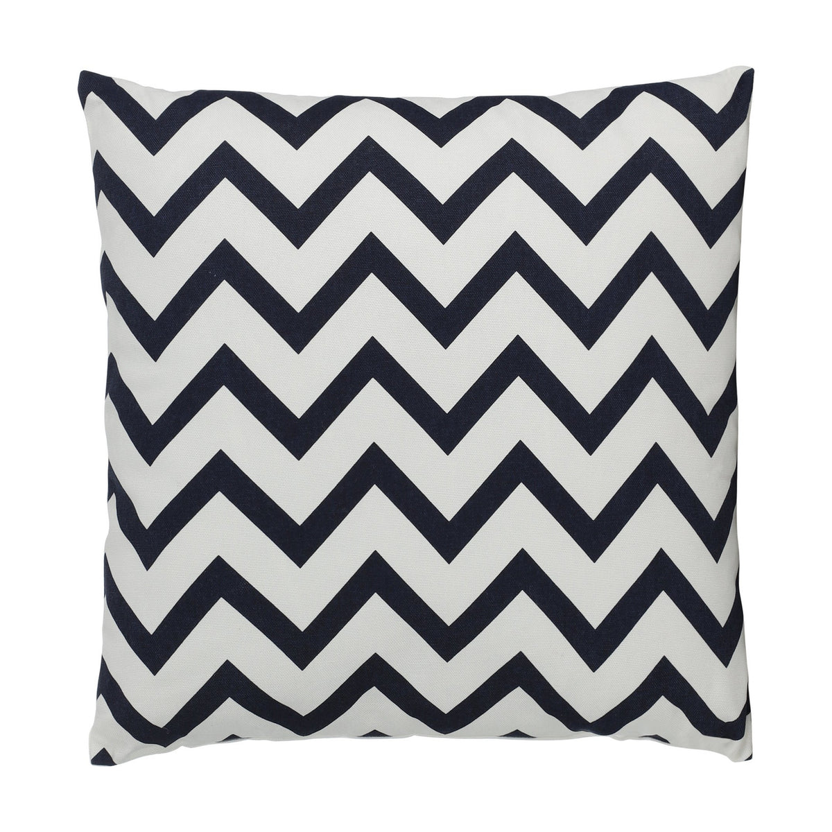 Chevery Cushion in white and navy blue, square cotton cover with bold chevron zigzag pattern, shown on a plain white background.