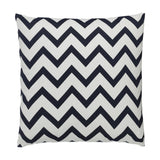 Chevery Cushion in white and navy blue, square cotton cover with bold chevron zigzag pattern, shown on a plain white background.