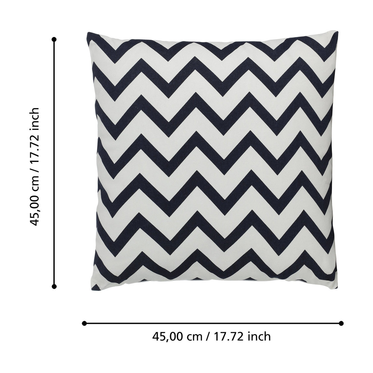 Chevery square cushion in white and navy blue cotton with a bold chevron zigzag pattern, shown with 45cm x 45cm dimension markers on a white background.