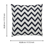 Chevery square cushion in white and navy blue cotton with a bold chevron zigzag pattern, shown with 45cm x 45cm dimension markers on a white background.