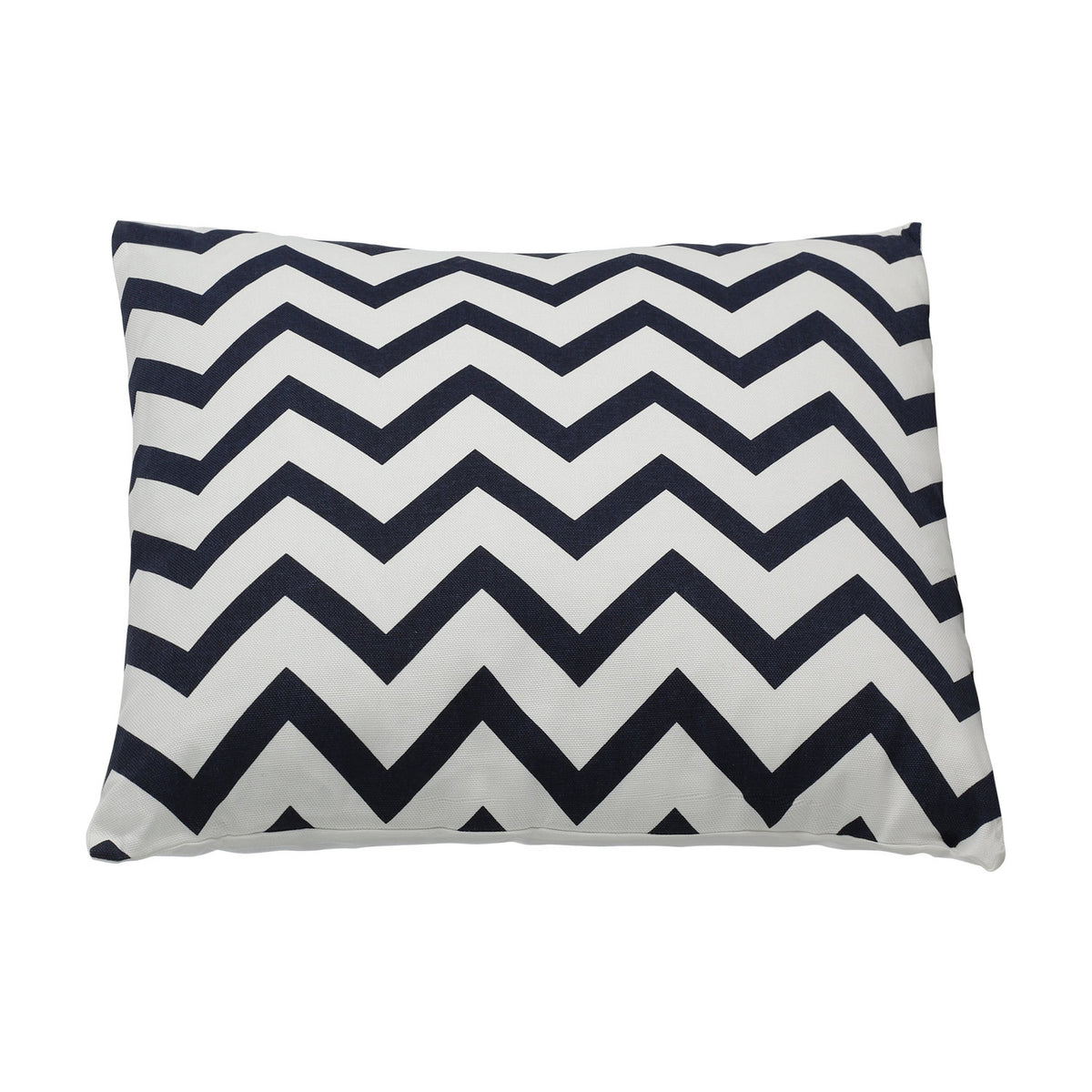 Chevery Cushion in white and navy blue, a square 100% cotton cover with a bold chevron zigzag pattern, shown on a plain white background.