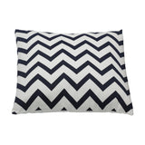 Chevery Cushion in white and navy blue, a square 100% cotton cover with a bold chevron zigzag pattern, shown on a plain white background.