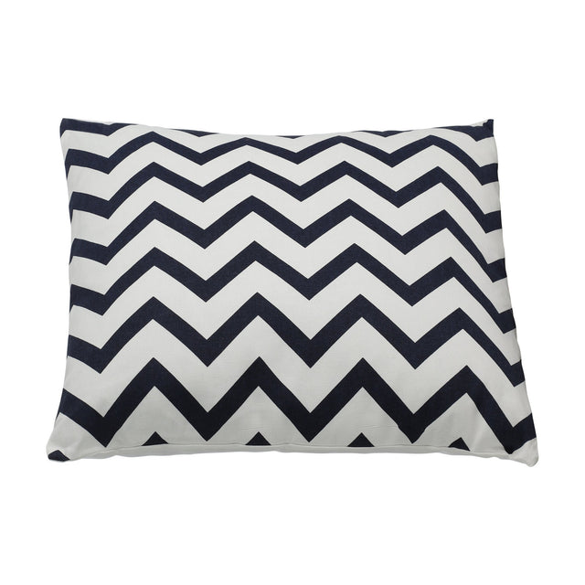 Chevery Cushion in white and navy blue, a square 100% cotton cover with a bold chevron zigzag pattern, shown on a plain white background.