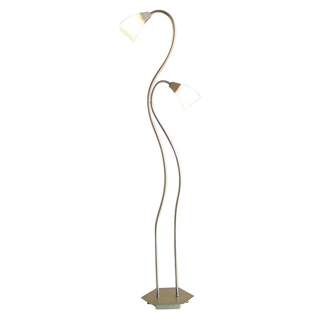 The Chievo 2 Light Frosted Glass Floor Lamp in satin chrome features two curved metal stems, frosted glass shades with glowing bulbs, and a sleek hexagonal base.