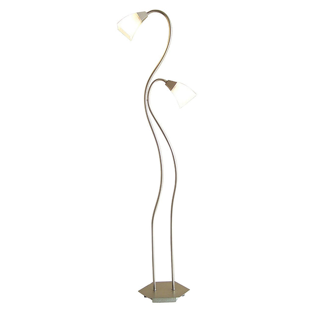 The Chievo 2 Light Frosted Glass Floor Lamp in satin chrome features two curved metal stems, frosted glass shades with glowing bulbs, and a sleek hexagonal base.