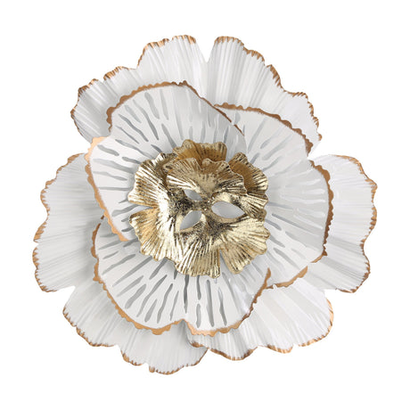 Chikuma metal wall decoration shaped as an open flower, layered white petals with fine gold edges and pierced detailing around a ruffled gold centre, shown on a plain white background.