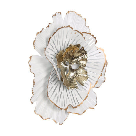 Chikuma metal wall decoration shaped as an open flower, with layered white petals edged in gold and a ruffled gold centre, shown on a plain white background.