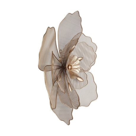 Chikuma Metal Wall Decoration, a flower-shaped wall sculpture in champagne-gold steel with mesh petals and a fluted centre bloom, shown on a plain white background.