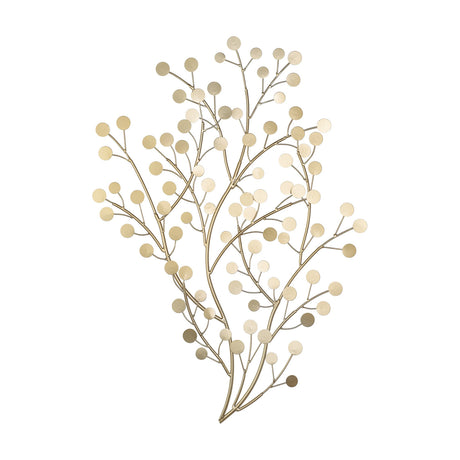 Chikuma Wall Decoration 56cm, a branching metal wall art piece in brass-toned steel with slender stems and round disc details, shown against a plain white background.