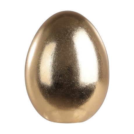 Chilandy ceramic decorative egg in gold, standing upright on a flat base with a fine flecked textured finish, shown against a plain white background.
