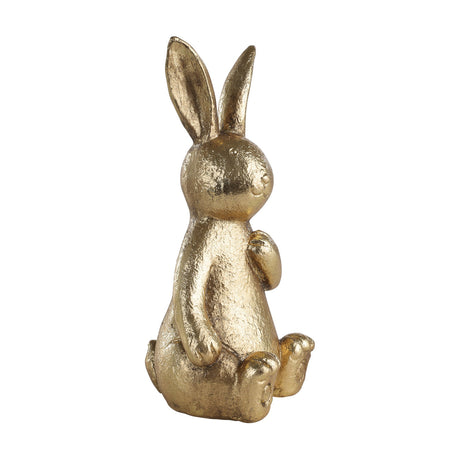 Chilandy Rabbit Ornament in gold, a seated resin figurine with tall upright ears, one paw raised to its chest and textured finish, shown on a plain white background.