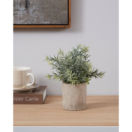 Chitose Artificial Plant 24cm in a round, textured grey pot with spiky grey-green foliage, shown on a wooden shelf beside a mug and book.