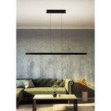 Ciggiano Pendant Light in black, a slim LED bar suspended on two wires from a rectangular ceiling canopy, shown above a green sofa and coffee table in a living room.
