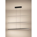 Ciggiano Pendant Light in black, three slim LED bars arranged in tiers, suspended on fine wires from a rectangular ceiling canopy against a plain light background.
