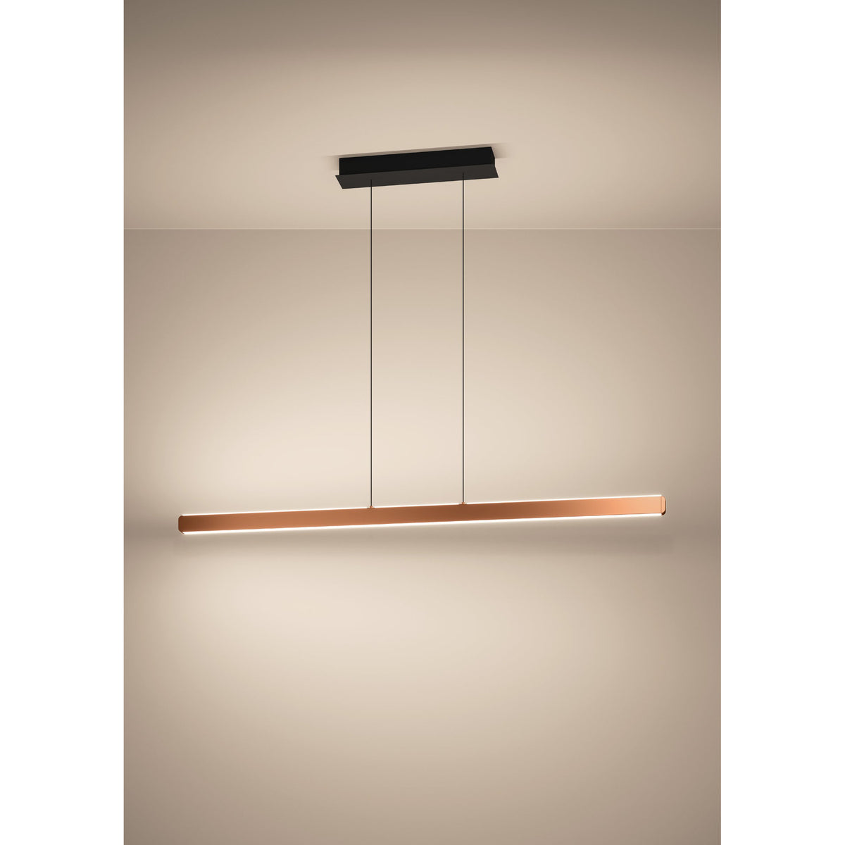 Ciggiano Pendant Light in brown, a slim LED bar suspended on thin wires from a black rectangular ceiling canopy, shown against a plain neutral background.