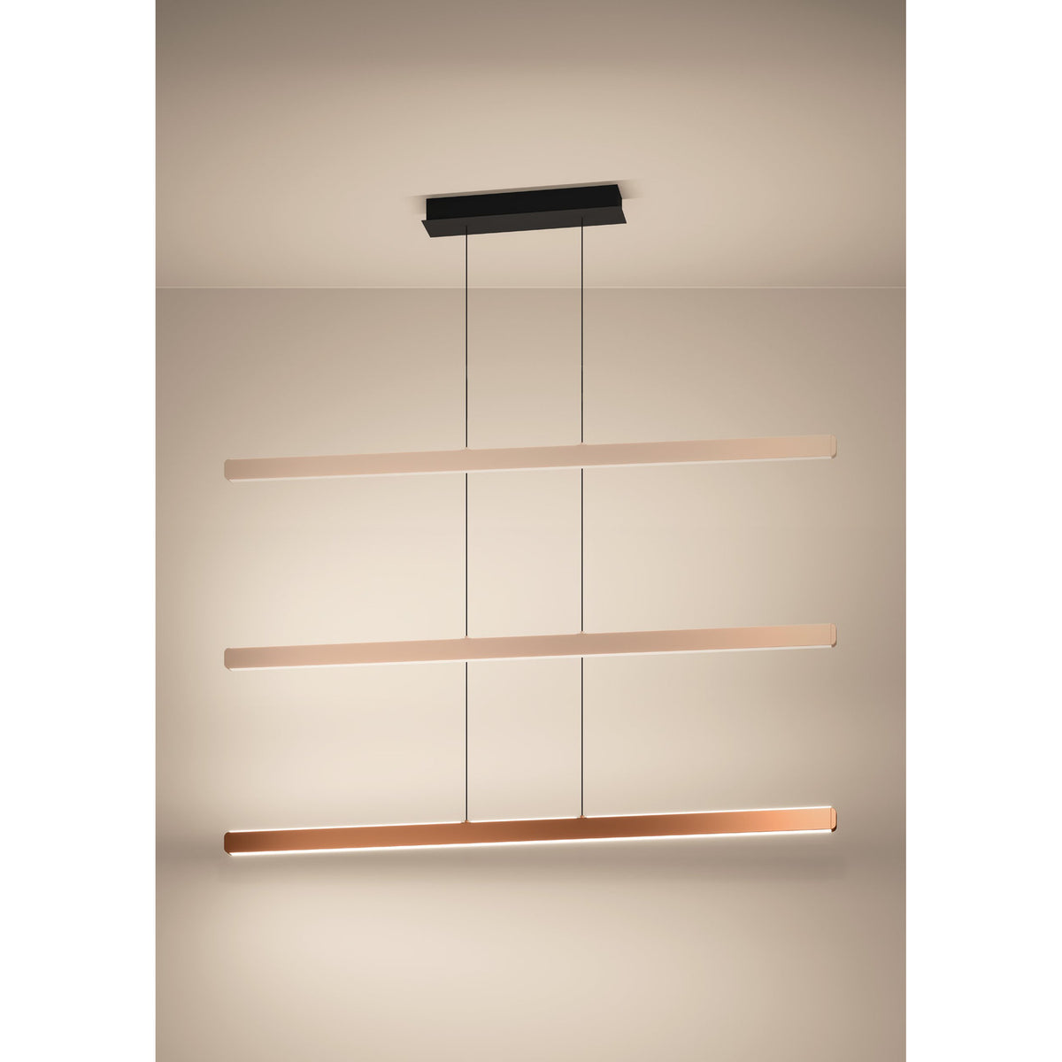 Ciggiano Pendant Light in Brown, three tiered slim LED bars suspended on fine wires from a black rectangular ceiling canopy, shown against a plain neutral background.