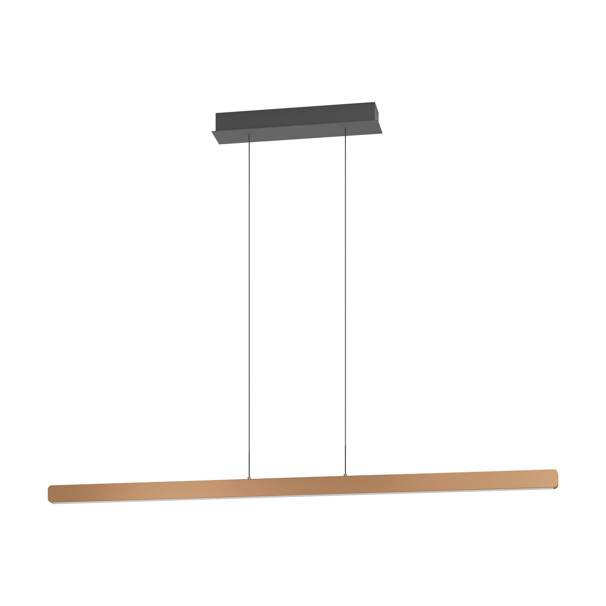 Ciggiano Pendant Light in brown, a slim LED bar suspended on two thin wires from a black rectangular ceiling canopy, shown on a plain white background.