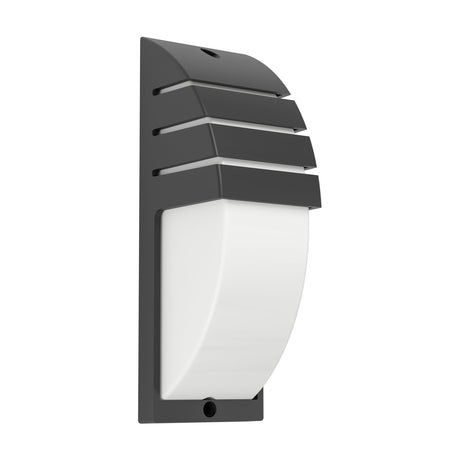 Cimoneri-E outdoor wall light in textured black plastic, with a stepped louvred hood curving over a white opal diffuser, shown on a plain white background.