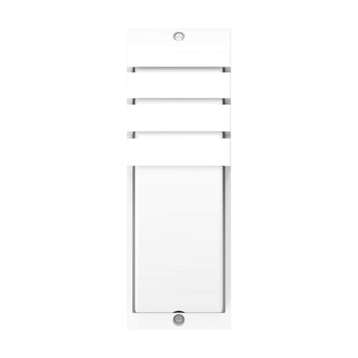 Cimoneri-E outdoor wall light in white plastic, rectangular design with three horizontal louvres above an opal diffuser panel, E14 fitting, IP44 rated, shown on a plain white background.