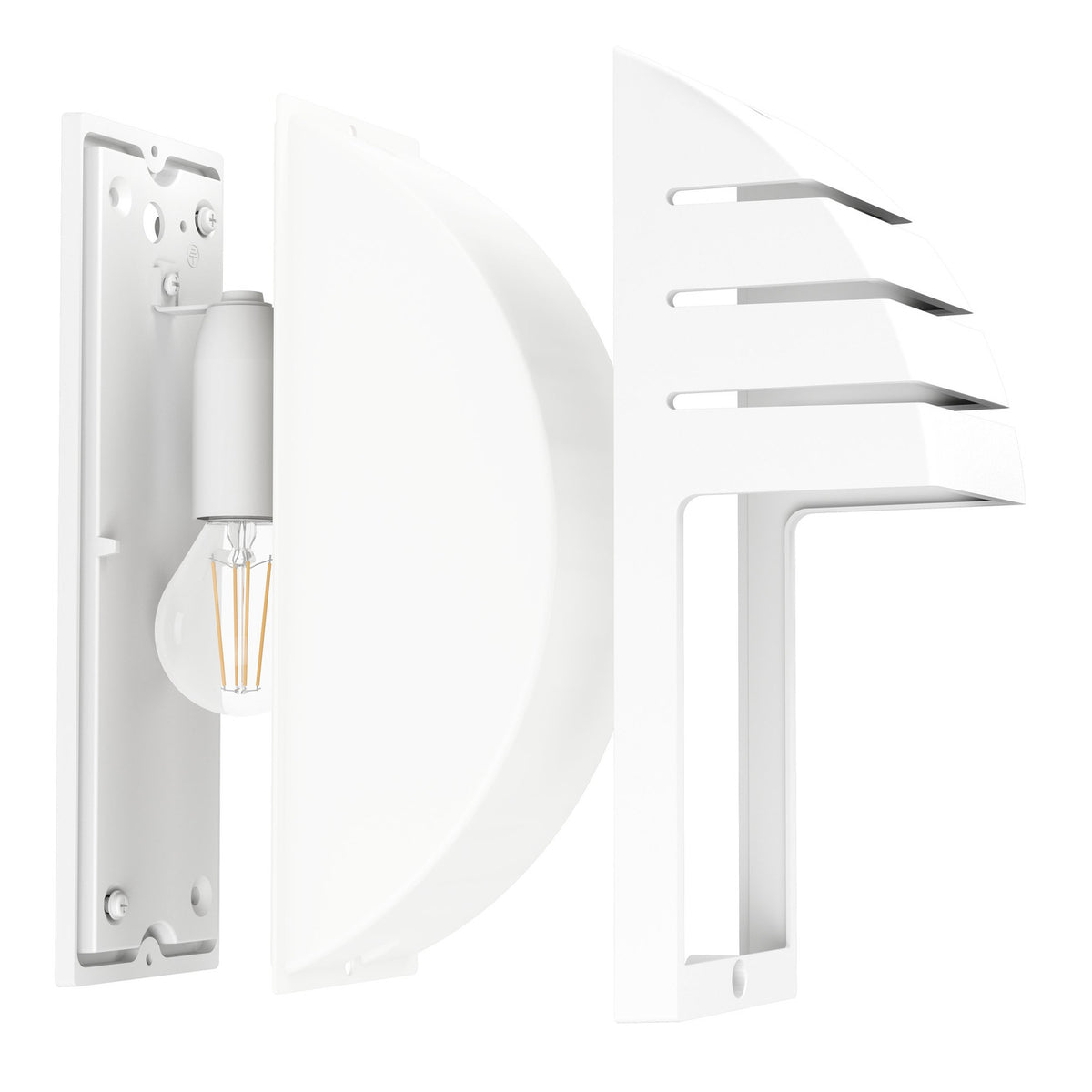 Cimoneri-E outdoor wall light in white, exploded view showing mounting plate, E14 bulb, opal diffuser and louvred plastic hood, IP44 rated, on a plain white background.