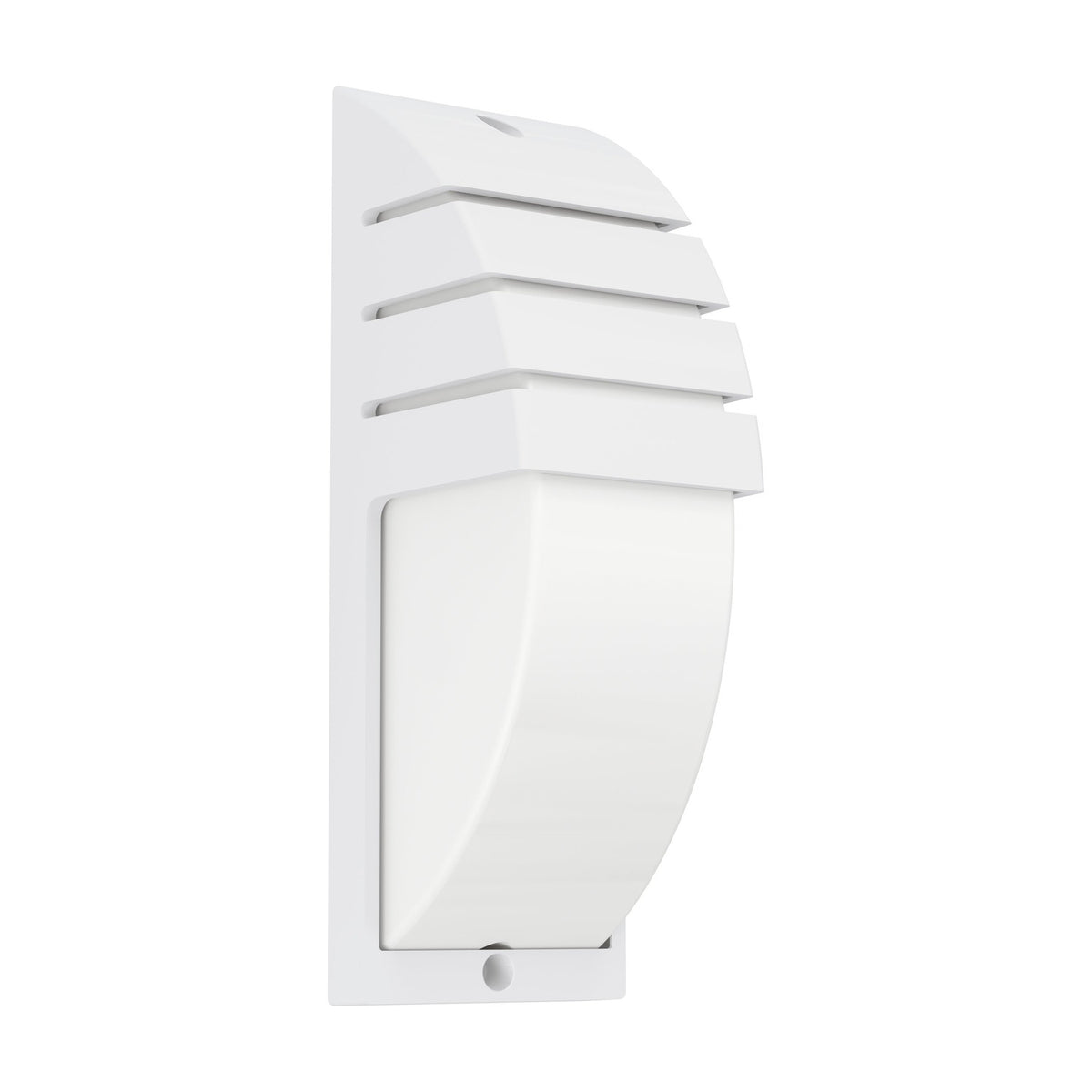 Cimoneri-E outdoor wall light in white plastic, rectangular design with three horizontal louvres over a curved opal diffuser, shown on a plain white background.