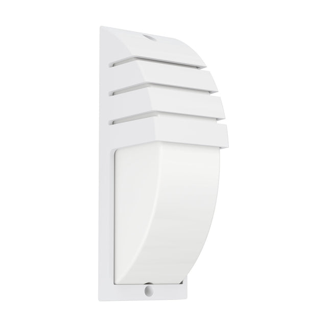 Cimoneri-E outdoor wall light in white plastic, rectangular design with three horizontal louvres over a curved opal diffuser, shown on a plain white background.