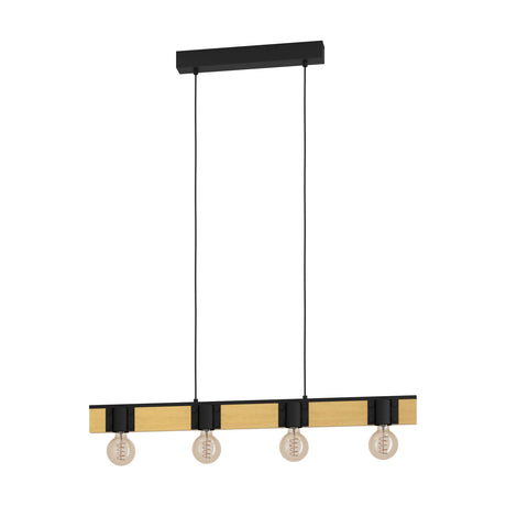 Cirbette Linear Pendant Light in black and brown, with a slim wood and steel beam, rectangular ceiling canopy, two suspension cords, and four black E27 lamp holders, shown on a white background.