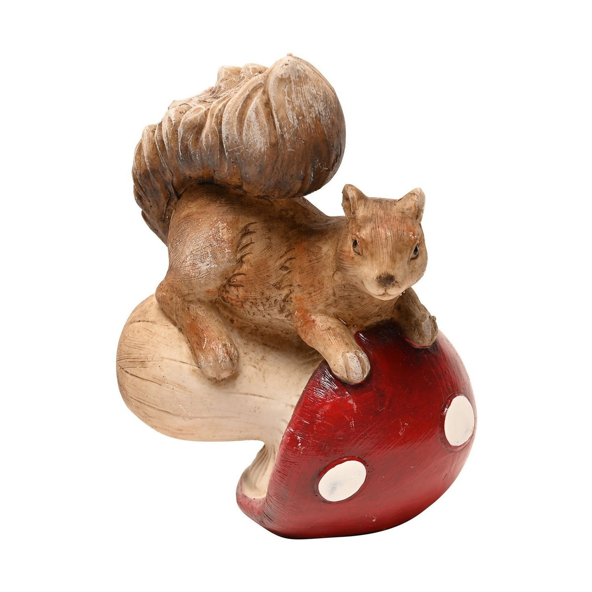 Squirrel Tipping a Mushroom Over Resin Figurine - Brown & Red