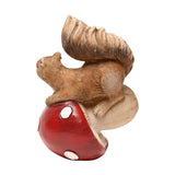 Squirrel Tipping a Mushroom Over Resin Figurine - Brown & Red