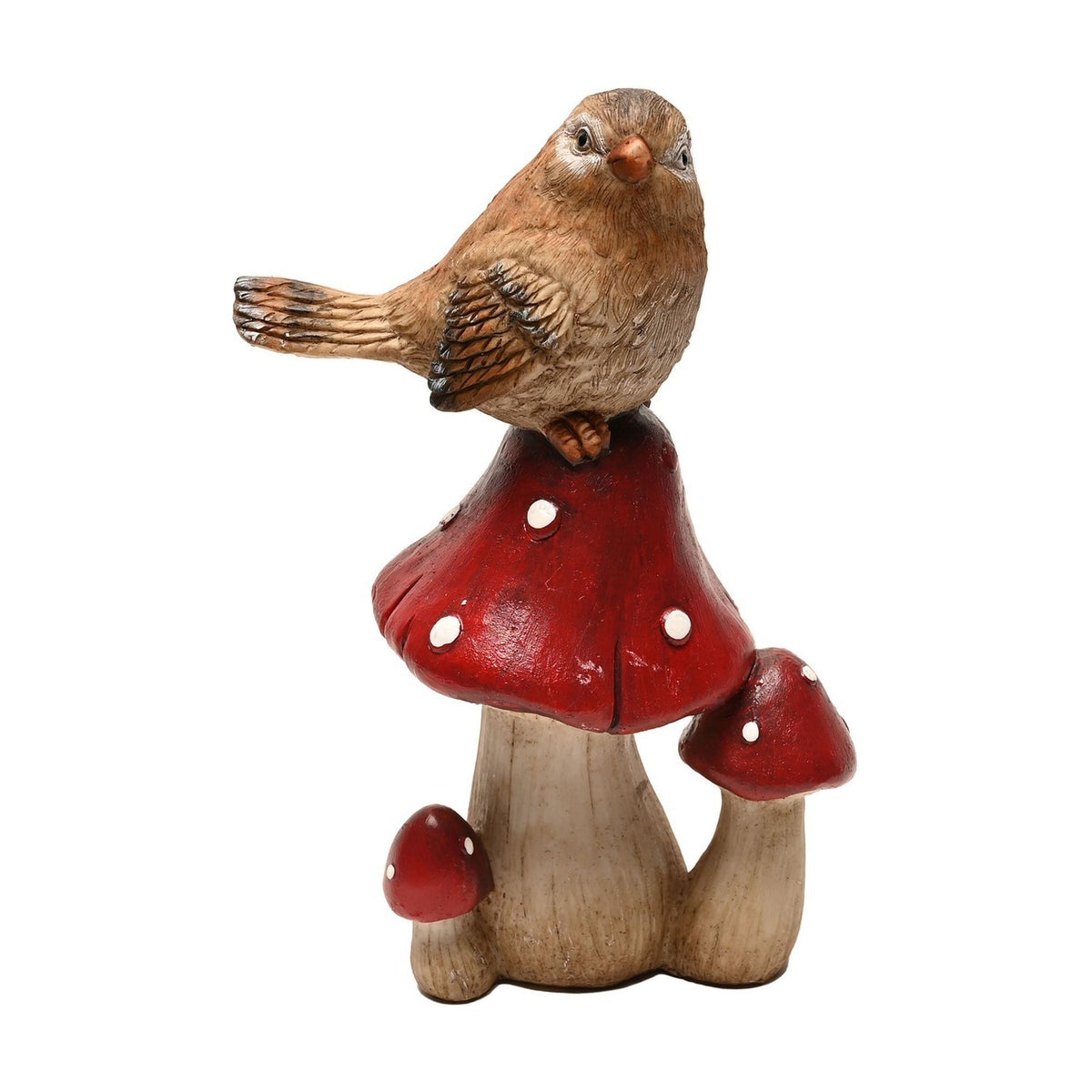 Bird Standing on Mushrooms Resin Figurine - Brown & Red