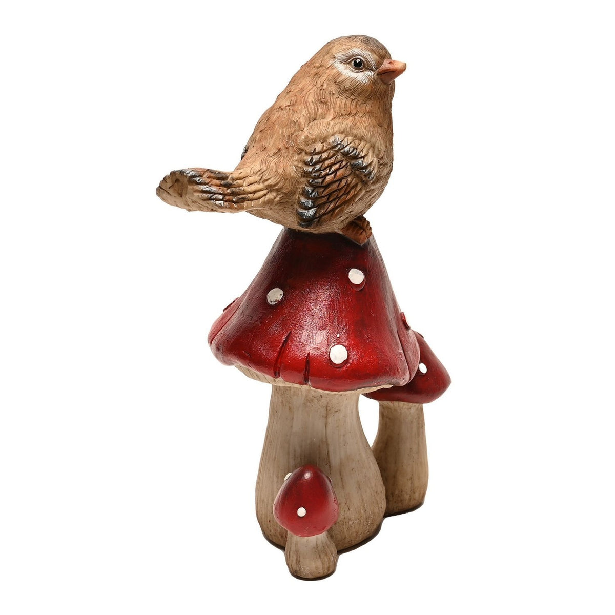 Bird Standing on Mushrooms Resin Figurine - Brown & Red