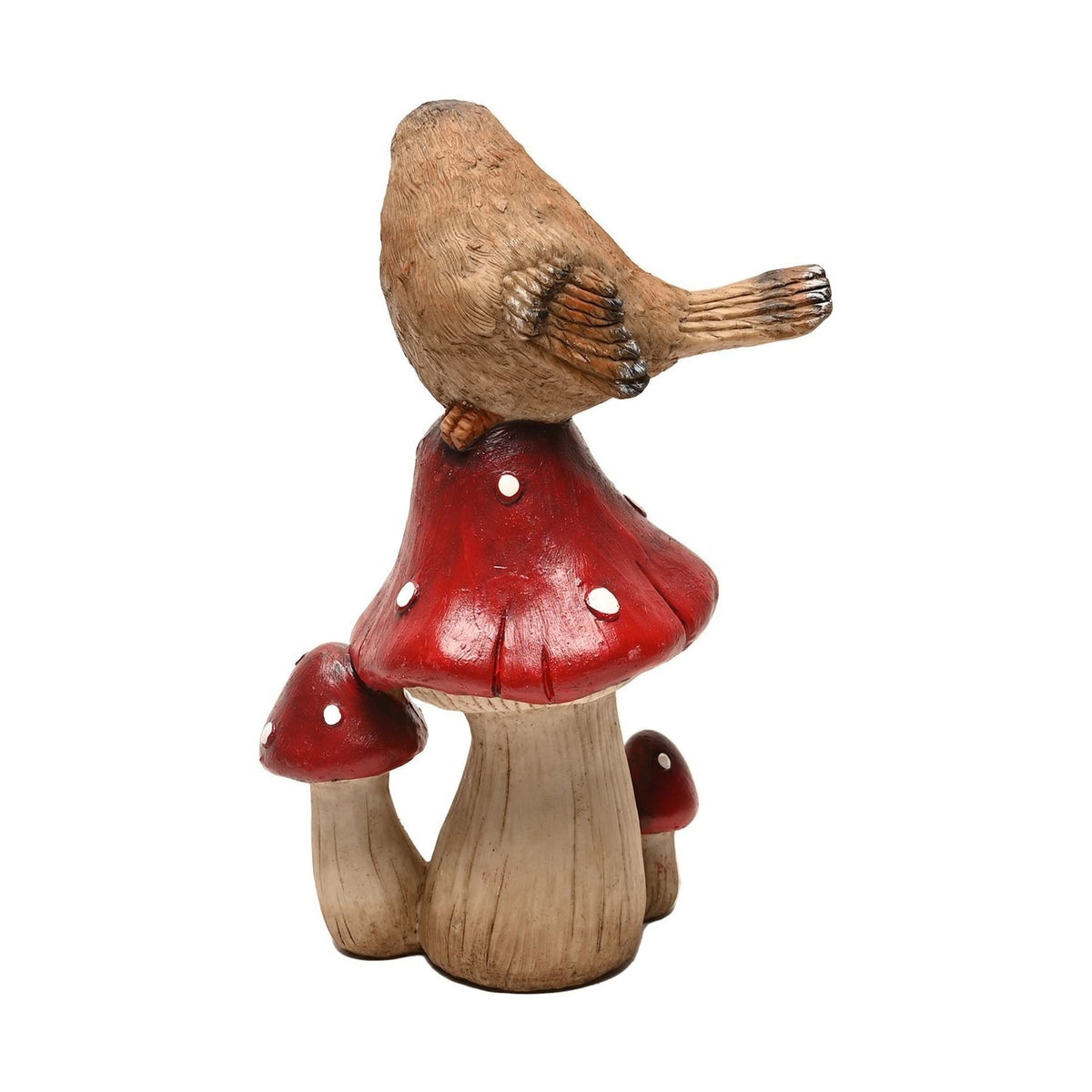 Bird Standing on Mushrooms Resin Figurine - Brown & Red