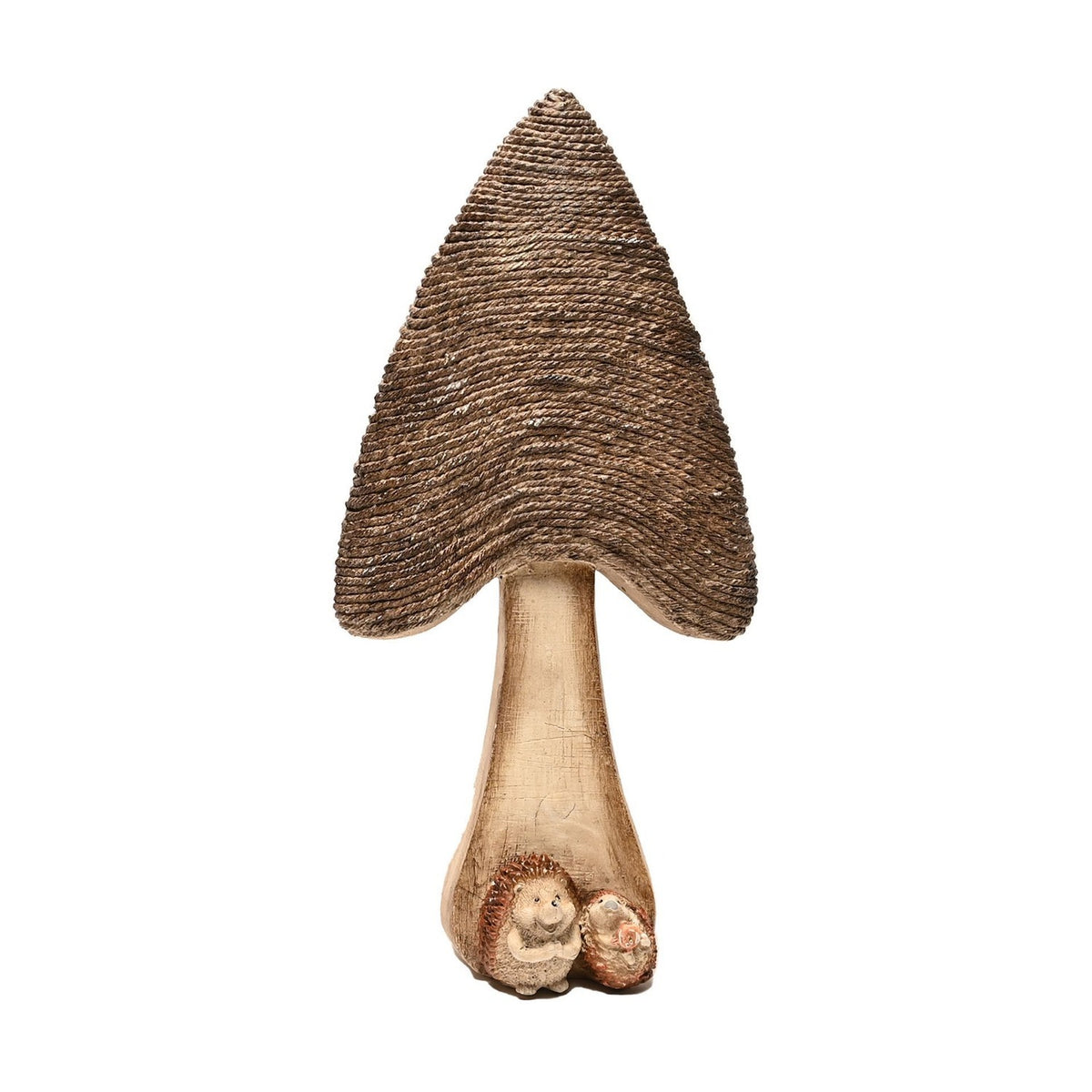 Resin mushroom ornament with a tall pale wood-effect stem and a pointed brown cap in rope-like texture, two hedgehogs nestled at its base, on a white background.