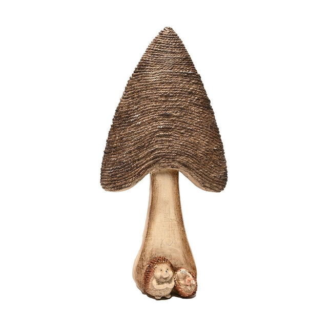 Resin mushroom ornament with a tall pale wood-effect stem and a pointed brown cap in rope-like texture, two hedgehogs nestled at its base, on a white background.