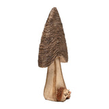Resin mushroom ornament with a tall pale wood-effect stem and a pointed cap textured in rope-like rows, two small hedgehogs nestled at its base, shown on a plain white background.