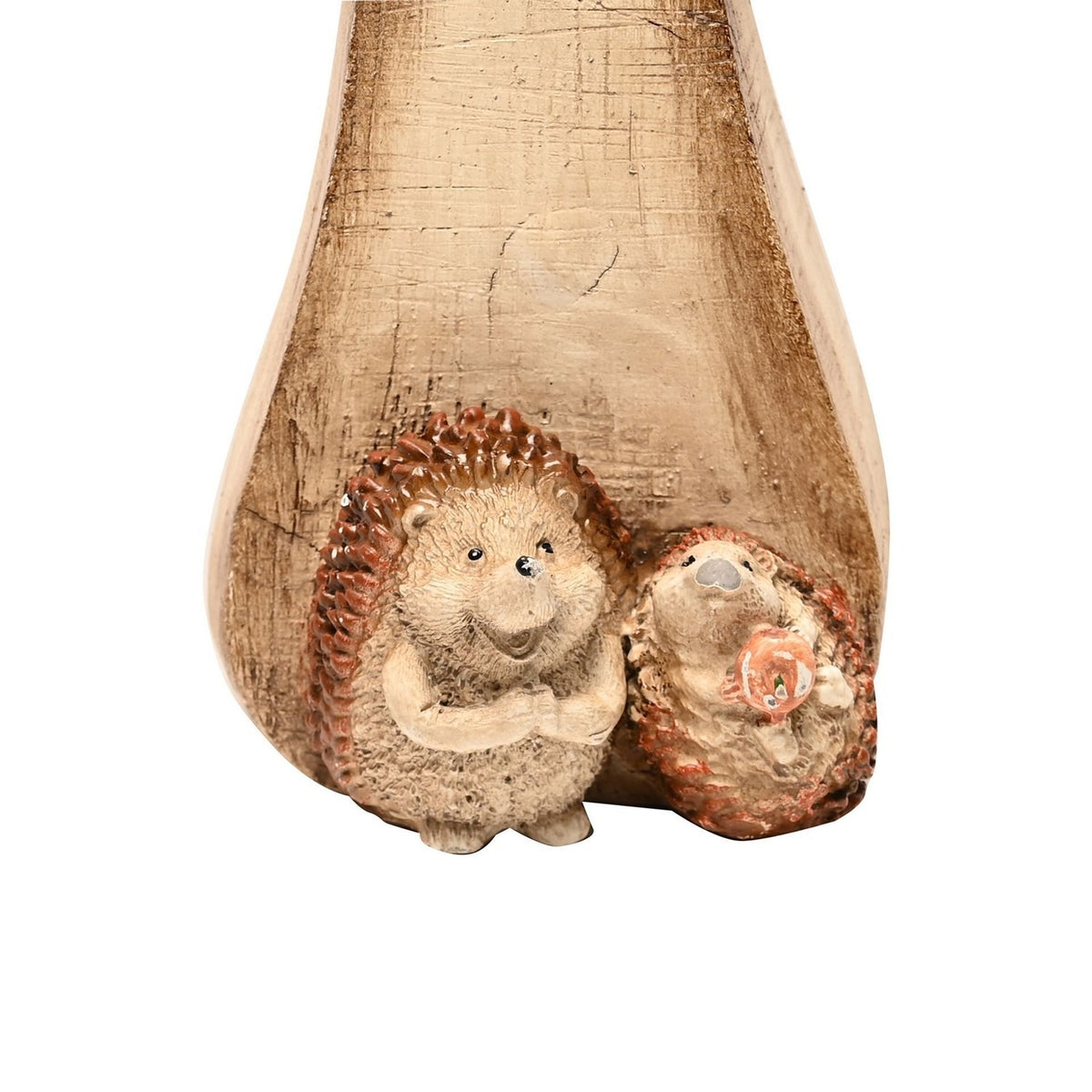 Resin mushroom ornament with a pale wood-effect stem and two brown hedgehog figures nestled at its base, shown against a plain white background.