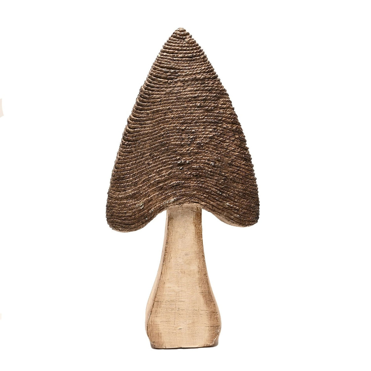 Textured mushroom resin ornament in brown with a pointed, rope-textured cap and a pale, wood-effect stem, shown against a plain white background.