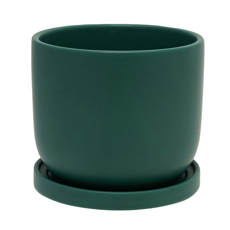 Matt green ceramic planter with gently curved round sides, shown on a matching green saucer against a plain white background.