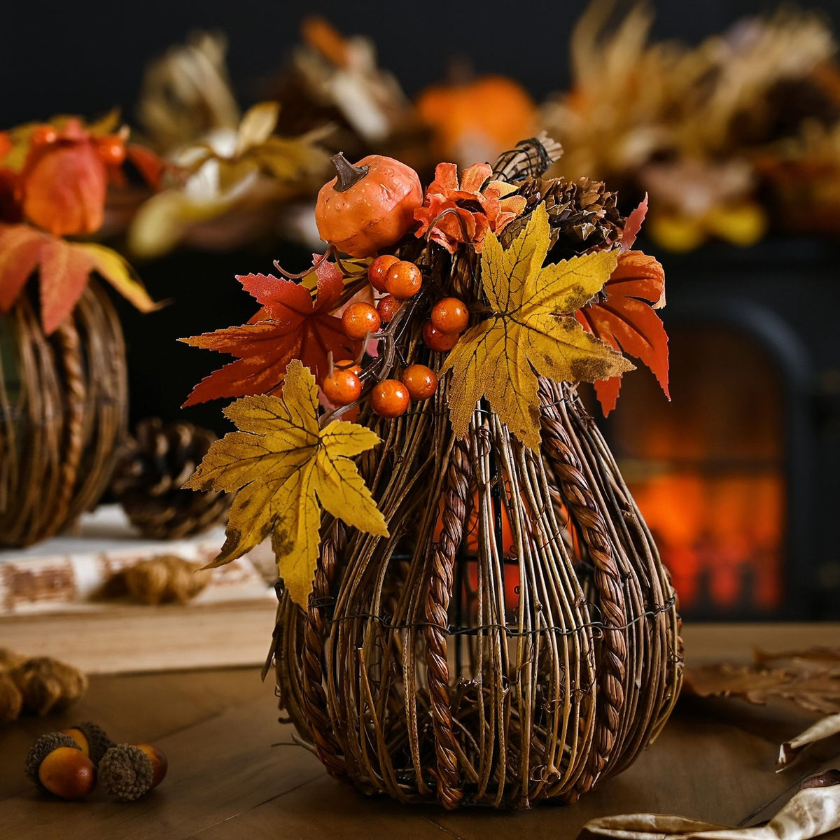 Handmade Natural Rattan Tall Pumpkin Decoration - Orange