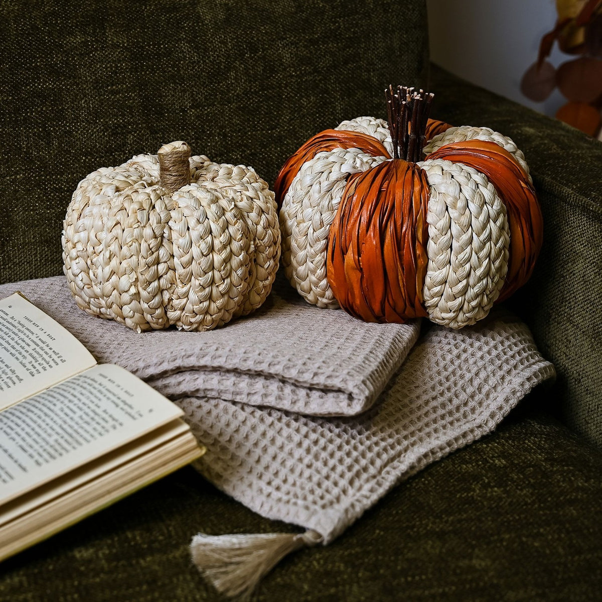 Woven Natural Leaves Pumpkin Ornament 20cm x 16cm - Orange