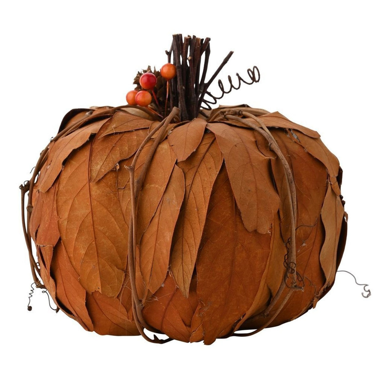 Natural Leaves Berry Pumpkin Ornament 16cm x 22cm - Orange